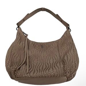 Elliott Lucca Taupe Nude Woven Leather Hobo Medium Bag Purse Logo Zip Cl…